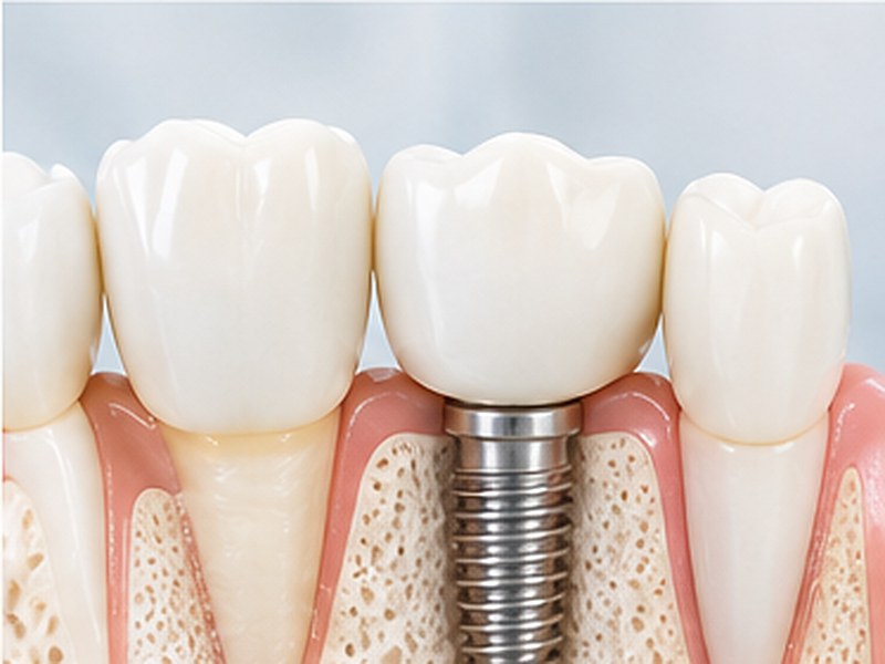 Implante dental con corona sobre el hueso maxilar
